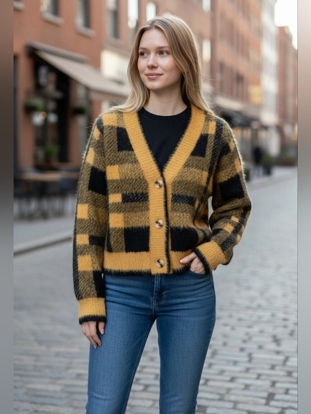 Truth By Republic Womens Mustard Black Plaid Button-Front Cardigan Sweater Sz Xs